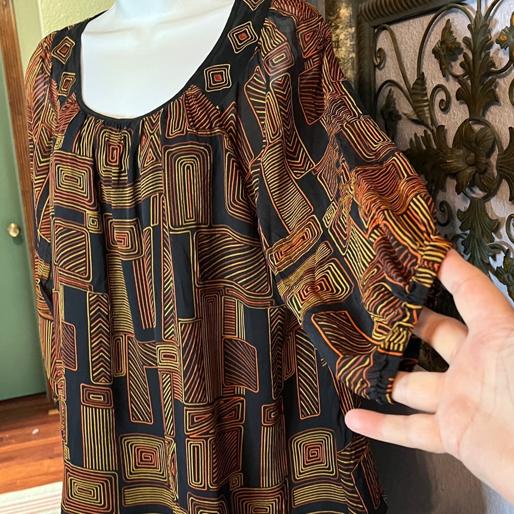 VTG Bob Mackie Black & Orange Geometric Print Blouse Sz L- wearable art - Picture 4 of 13
